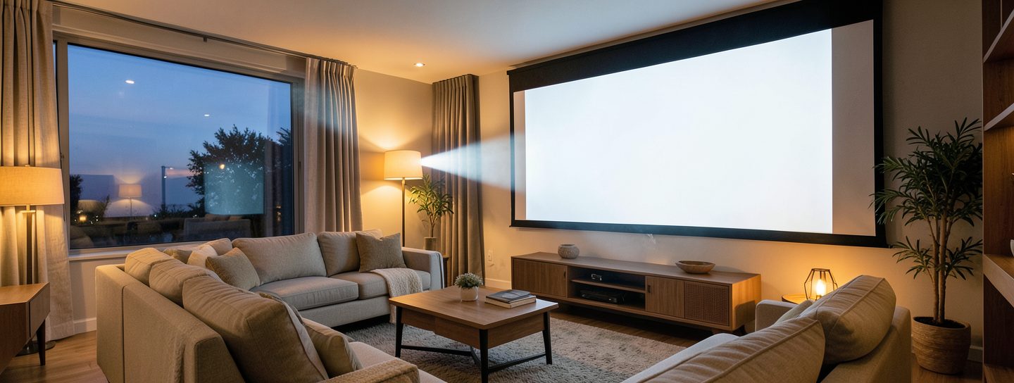Heimkino-Beamer projiziert ein großes Filmbild an die Wand eines abgedunkelten Wohnzimmers